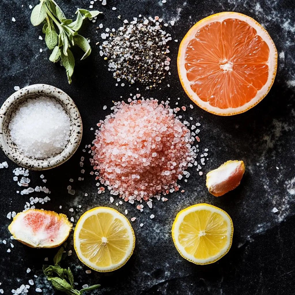 Himalayan Pink Salt Recipes: Simple Dishes for Better Flavor & Wellness 6 Ingredients for a homemade Himalayan pink salt blend including garlic powder, black pepper, herbs, and chili flakes.