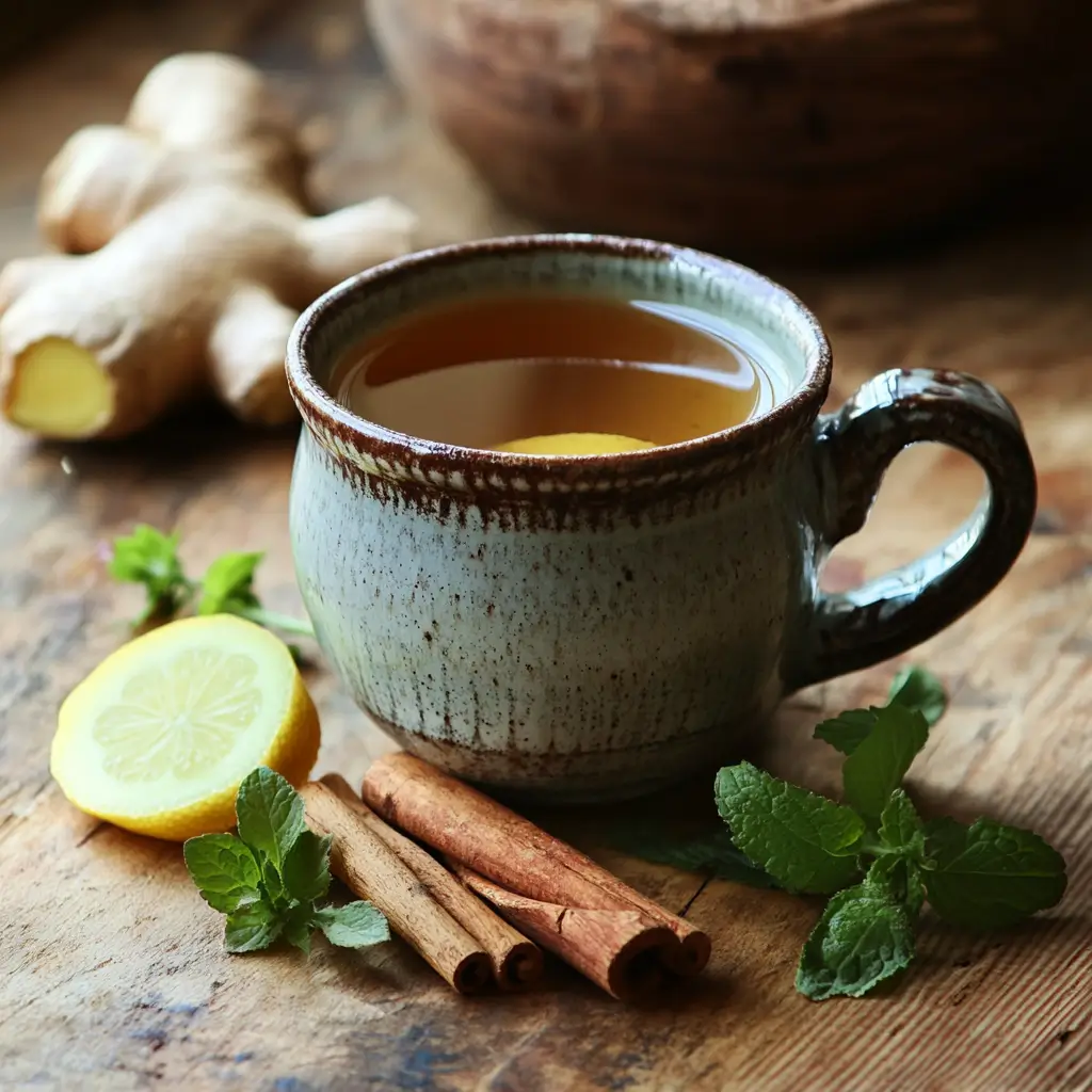 Recipe for Mounjaro Tea in ceramic mug with herbs