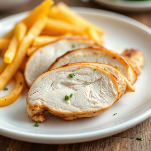 A beautifully plated simple chicken breast dish for dinner, garnished with fresh herbs and a side of roasted vegetables.