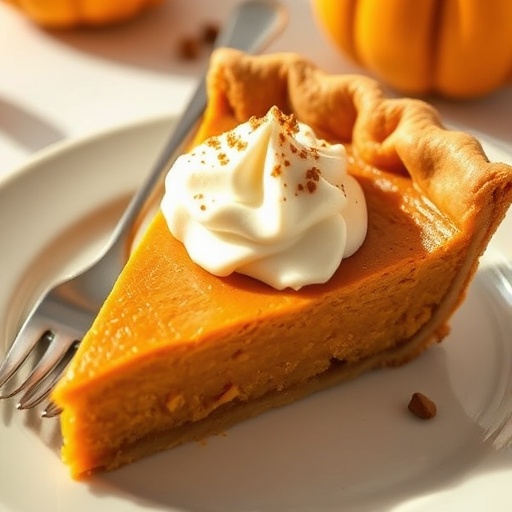 A beautifully baked Golden Pumpkin Pie, fresh out of the oven, with a perfectly crimped crust and a smooth, rich filling. Garnished with a dollop of whipped cream and a sprinkle of cinnamon, sitting on a rustic wooden table with autumn leaves in the background.
