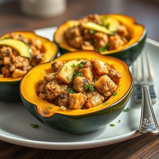 A beautifully plated whole roasted stuffed acorn squash, sliced open to reveal a savory filling of wild rice, cranberries, and herbs, garnished with fresh parsley on a rustic wooden board.