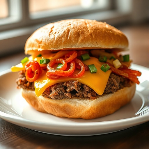 A mouth-watering Cheesy Hot Beef Sandwich, with tender beef and melted cheese spilling out from a toasted bun.