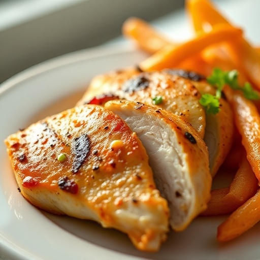 A perfectly cooked chicken breast with vibrant roasted vegetables and herbs, ready to be served from a skillet.