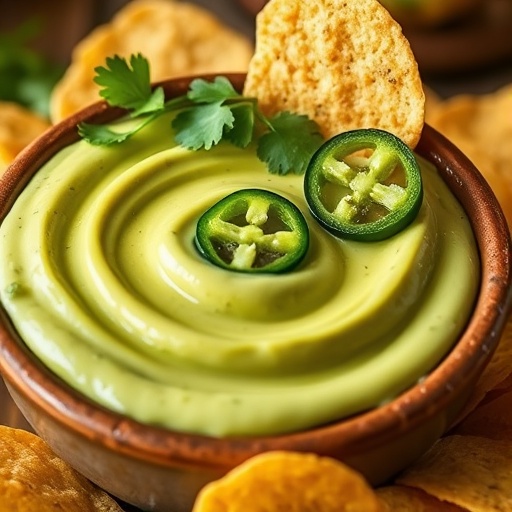 A vibrant bowl of creamy green dip, garnished with fresh cilantro and sliced jalapeños, served with a side of crispy tortilla chips on a rustic wooden board.