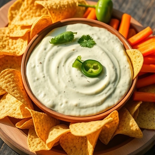 A vibrant bowl of creamy jalapeño dip, garnished with fresh cilantro and sliced jalapeños, ready for dipping on a rustic wooden board with tortilla chips.