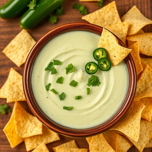 A vibrantly green bowl of chuy's jalapeno dip, garnished with fresh cilantro and served with a side of crispy tortilla chips. The dip is thick, creamy, and inviting, perfect for scooping.
