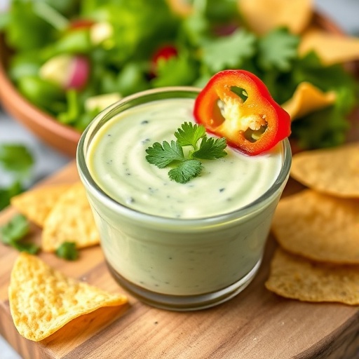 A vibrant, creamy green jalapeño ranch dressing in a glass jar, garnished with fresh cilantro and sliced jalapeños, with a bowl of colorful salad in the background, showcasing its versatility.
