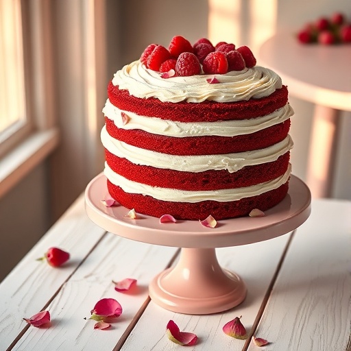 A beautifully decorated two-layer red velvet cake with thick cream cheese frosting, adorned with fresh raspberries and a dusting of powdered sugar. The rich red hue of the cake contrasts with the pure white frosting, making it an irresistible dessert.