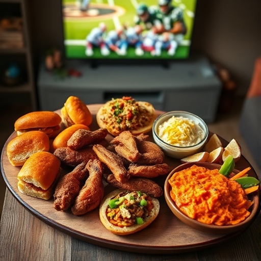 A vibrant and diverse game day appetizer platter featuring mini sliders, loaded potato skins, buffalo chicken dip, pretzel bites with cheese dip, and vibrant veggie sticks, arranged on a rustic wooden board amidst festive decorations.